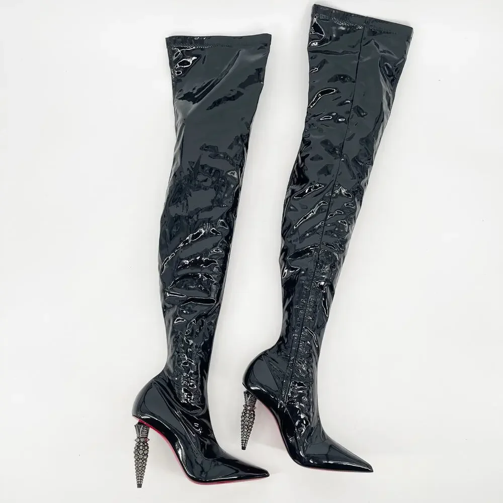 NWOB Christian Louboutin Lipstrass Black Patent Leather Thigh High Boots EU 38.5 - Picture 3 of 11